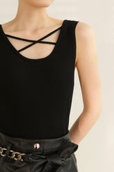 Cross Over Knit Tank - Black