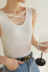 Cross Over Knit Tank - White