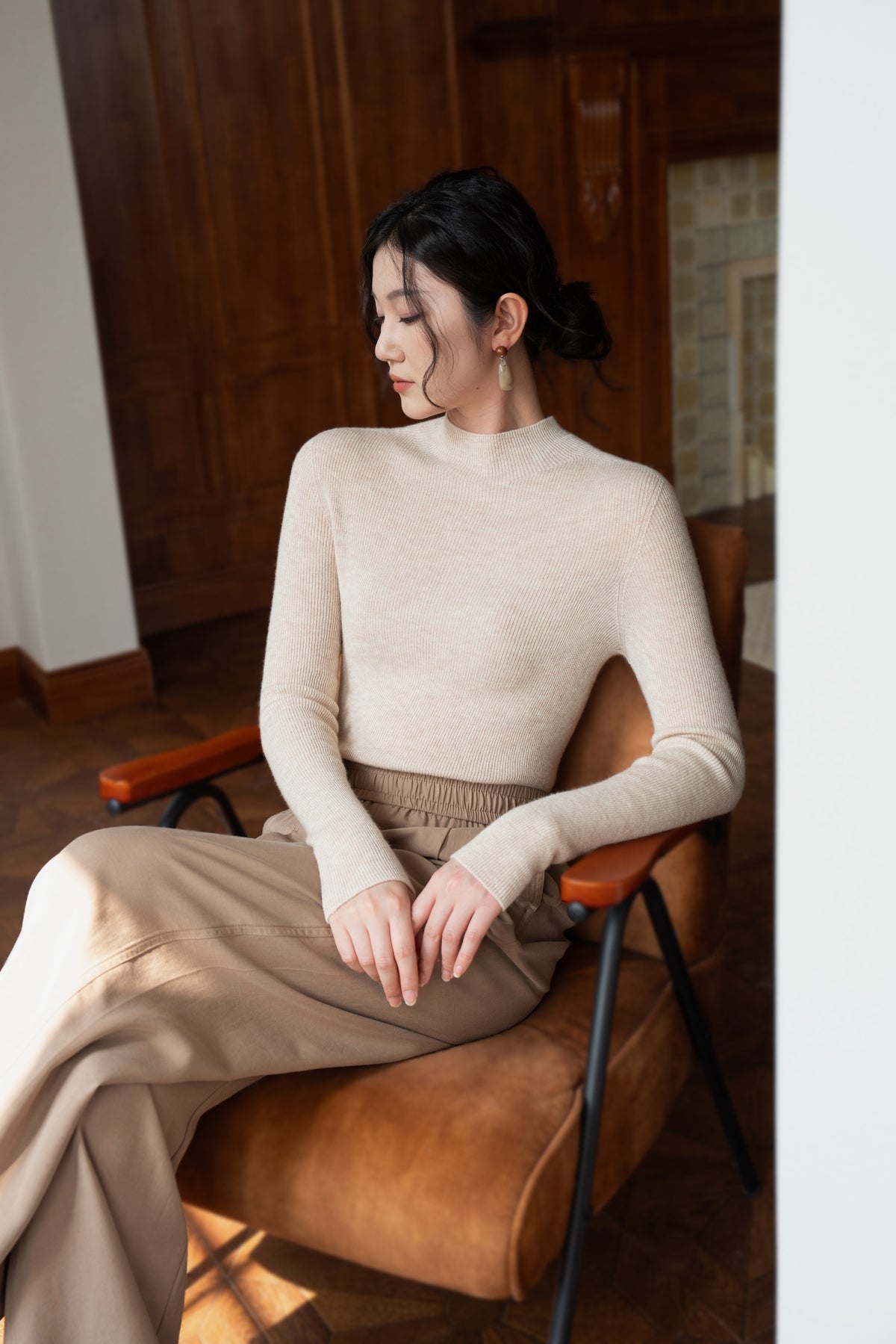 Flicker Wool Mock Neck Top - Beige