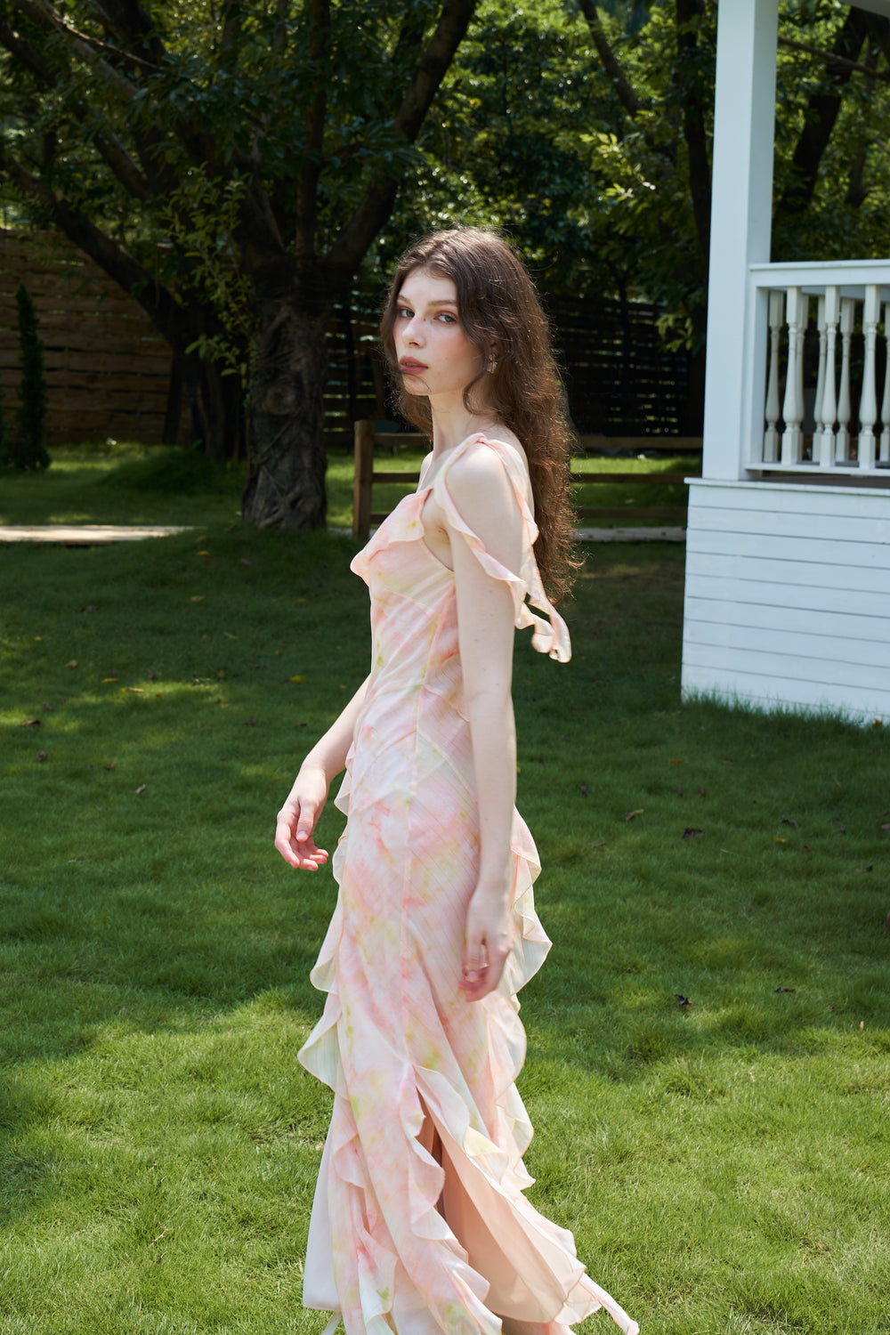 chiffon maxi dress coral "Coral Ruffled Chiffon Maxi Dress"a vivid ode to the romantic warmth of a sunset, perfectly embodying a bright, ethereal coastal aesthetic. , https://reurl.cc/9WVVqY