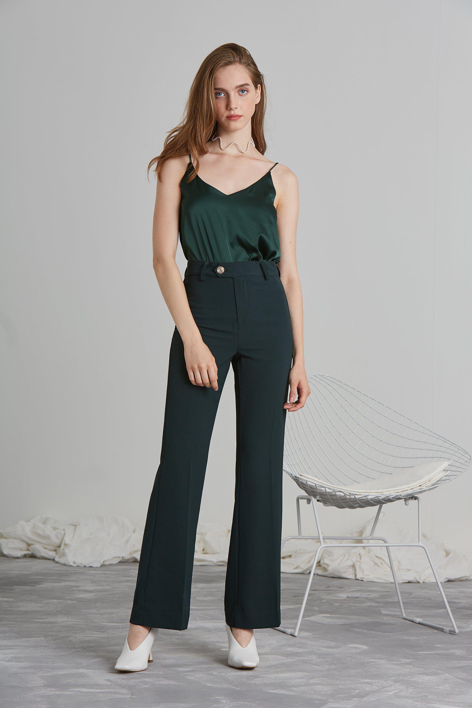 NORA CREPE FLARED PANTS - GREEN-PANTS-My Dearest