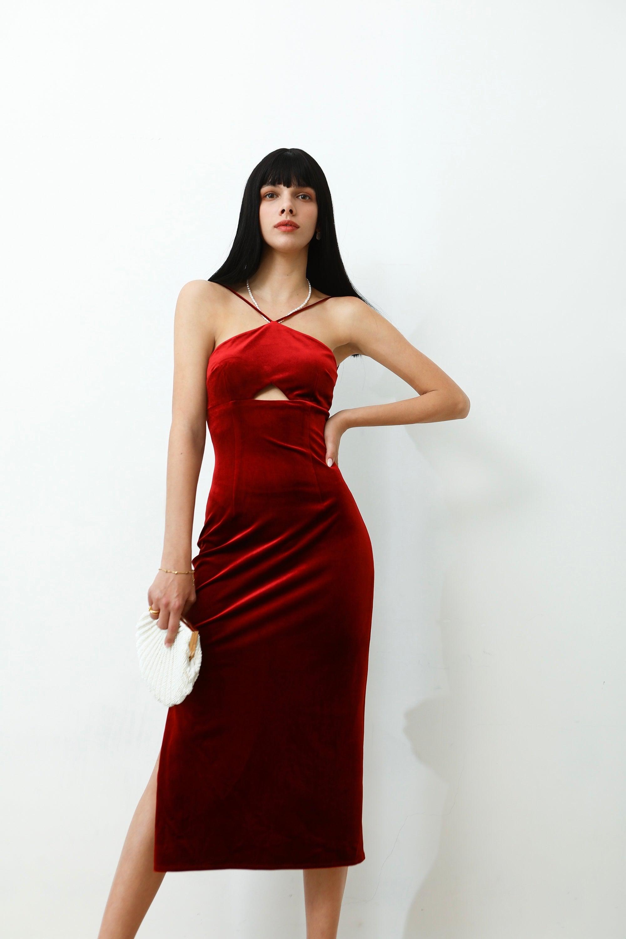Naomi Freshwater Pearl Velvet Dress - Red