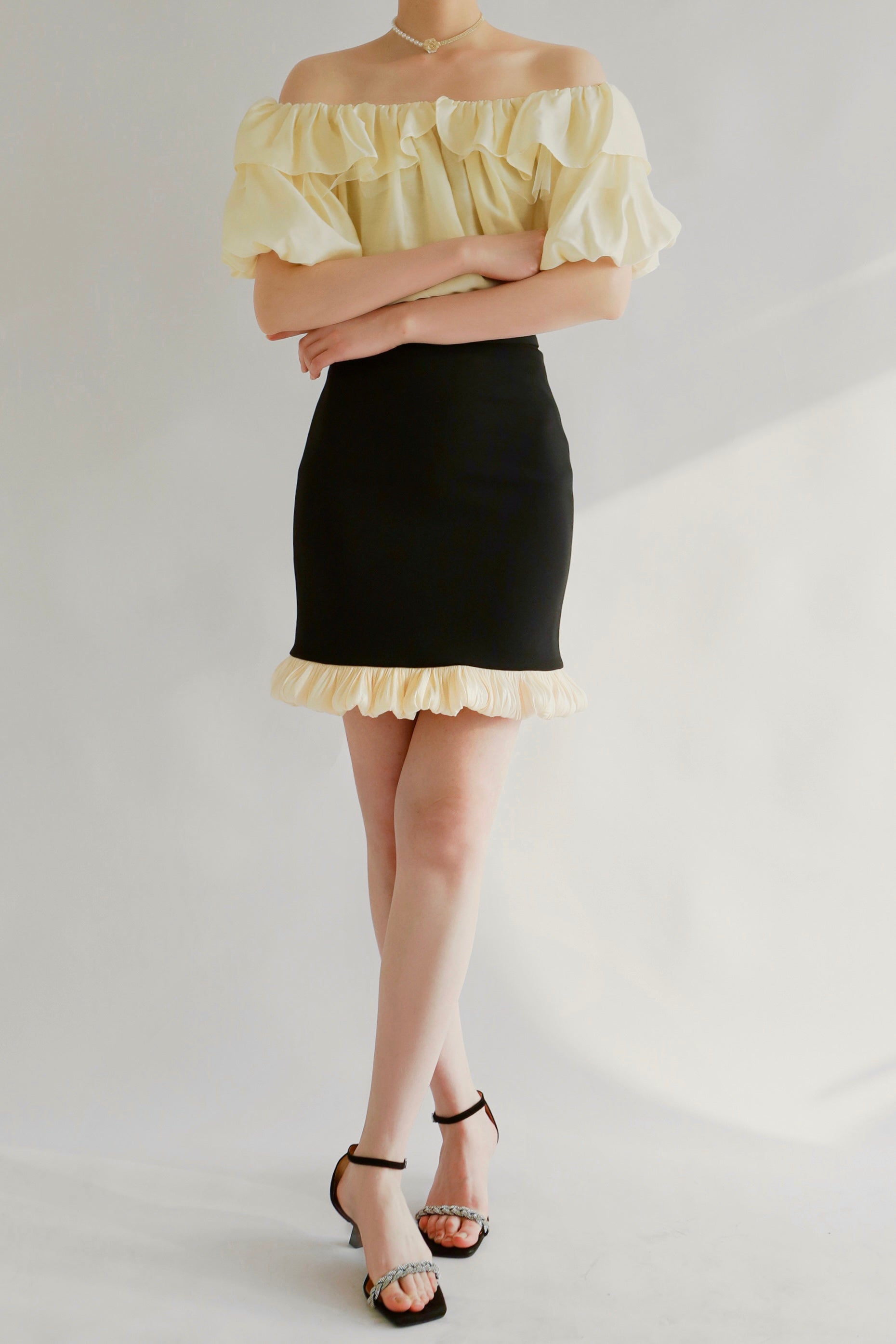 Sweet Spot Mini Skirt With Beige Satin ruffles