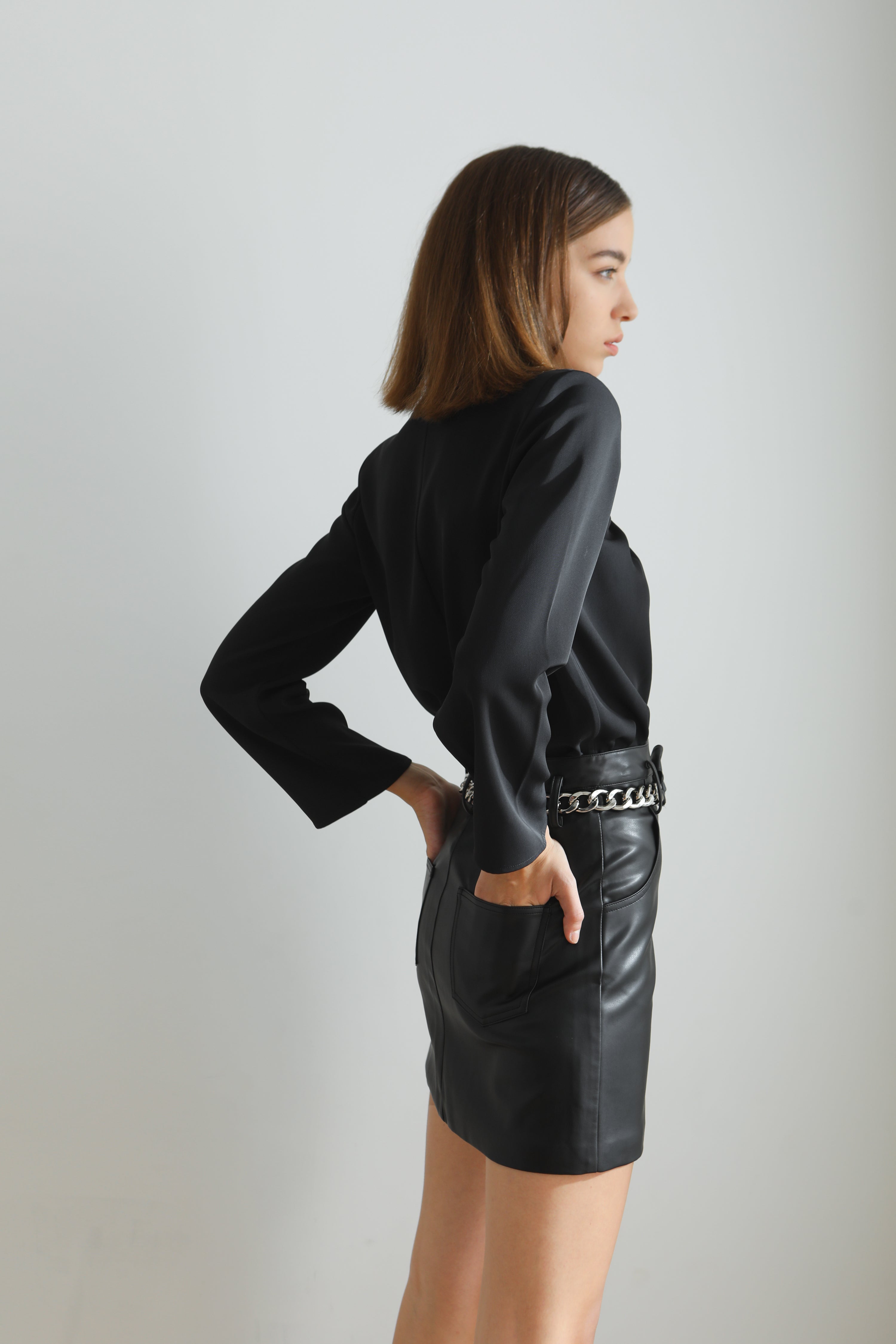 Edith Vegan Leather Belted Mini Skirt