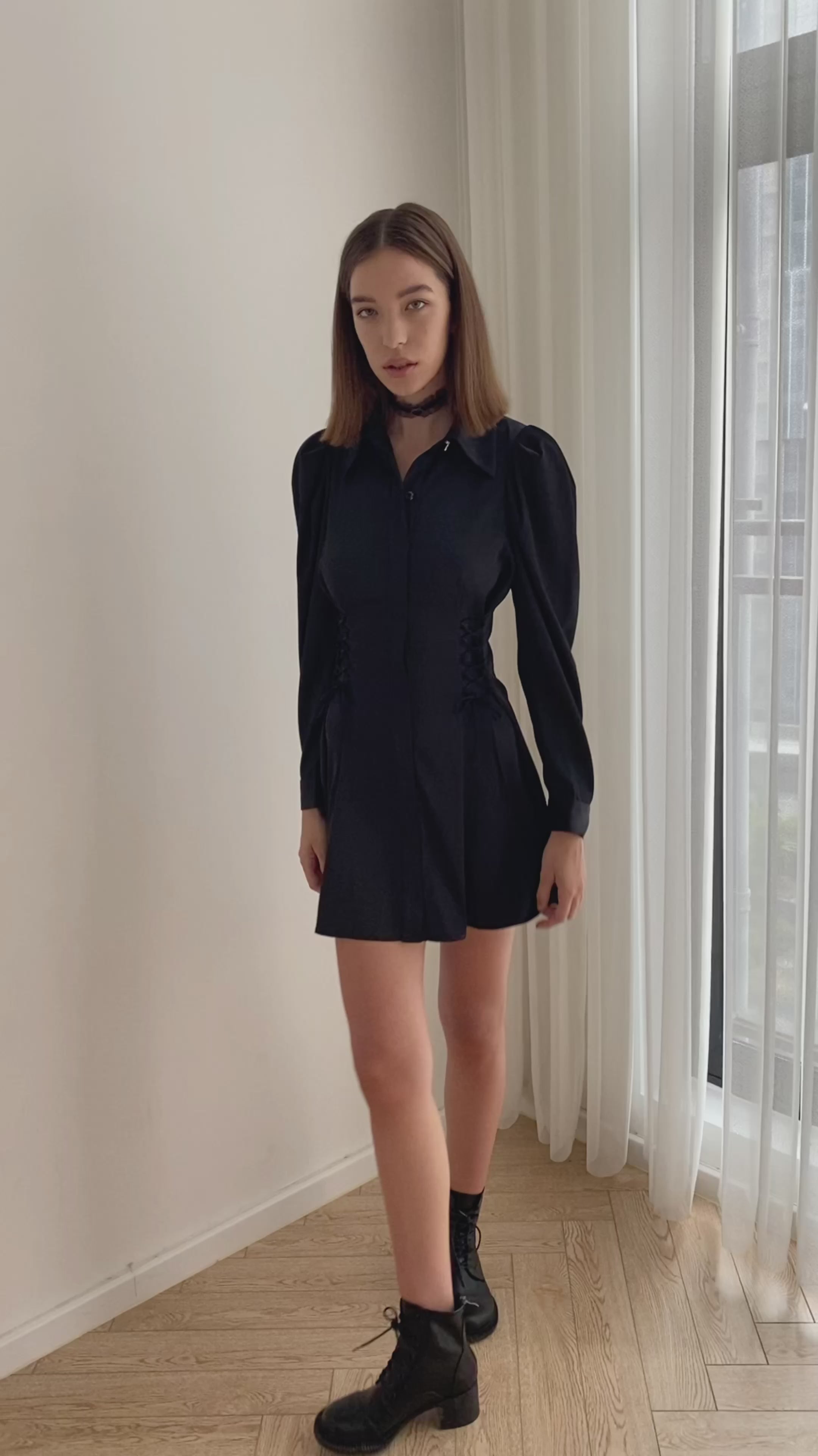 Fantasy Lace Up Satin Dress - Black