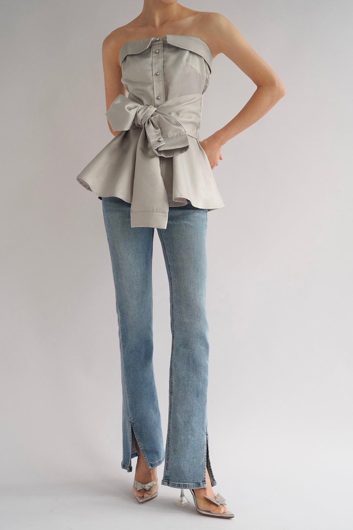 First Glance Bow Detailed Satin Top